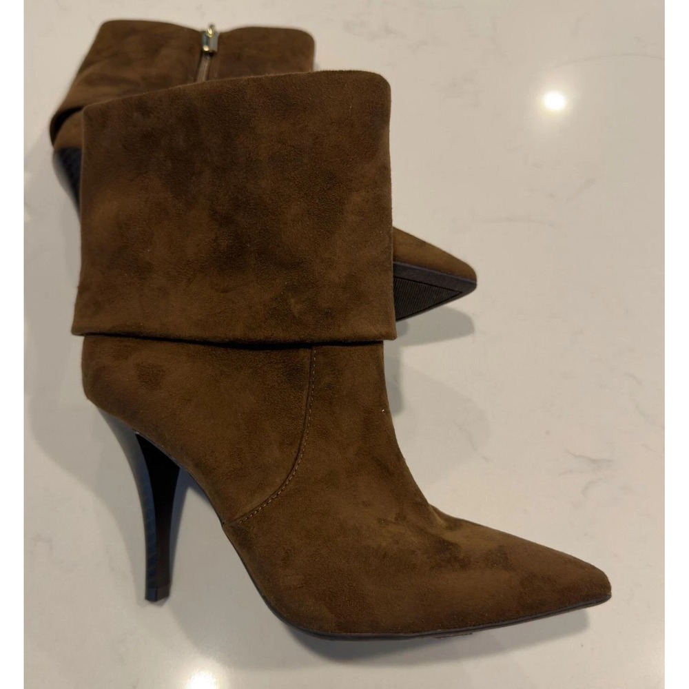 INC Womens Brown Faux Suede Fold Over Pointed Toe Stiletto Boots 7.5 M New